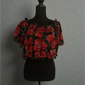 floral off the shoulder crop top rose, print cotton, Boho blouse size large